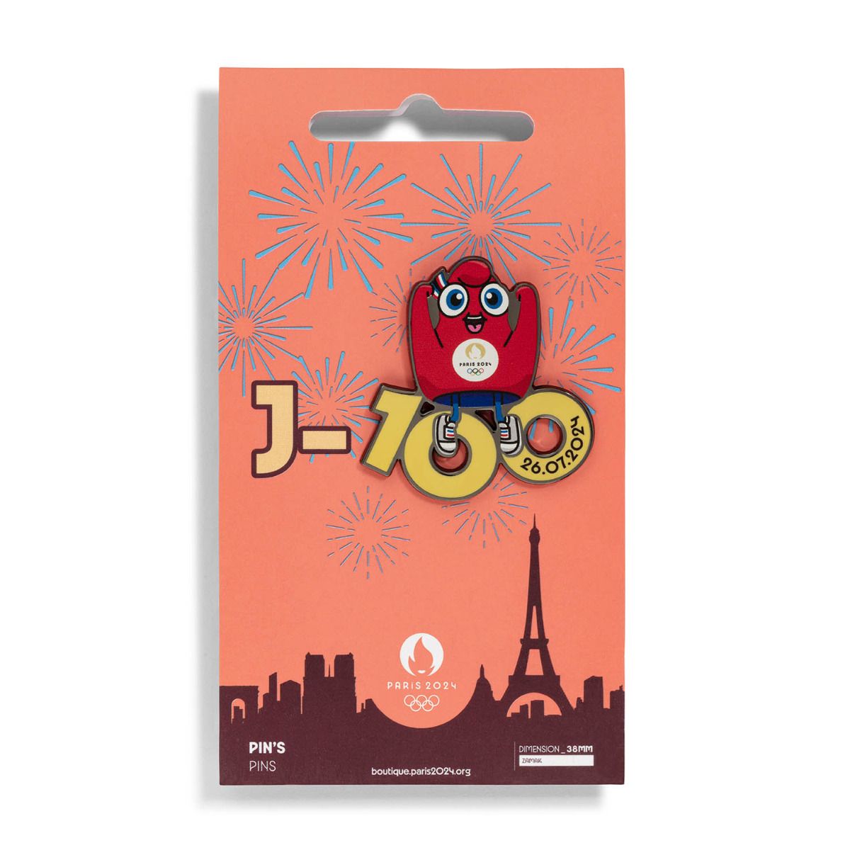 Pin's JO 2024 - Mascotte Décompte J-100 jaune en Zamack face