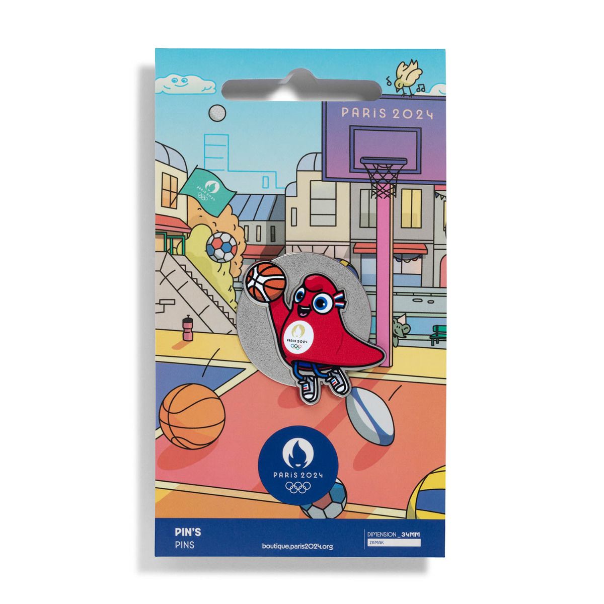 Pin's JO 2024 - Mascotte Sport Basket en Zamack face