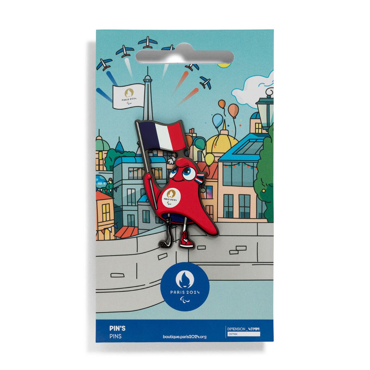 Pin's Para 2024 -  Mascotte découpée Drapeau en Zamack face